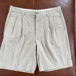 Tommy Bahama Silk Linen Micro Herringbone Tan Front Pleat Shorts 36 9.5” Inseam